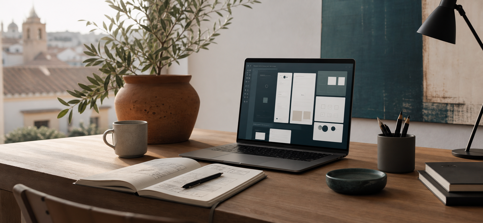 Mesa de trabajo premium con portátil, interfaz digital abstracta y notas de arquitectura de software